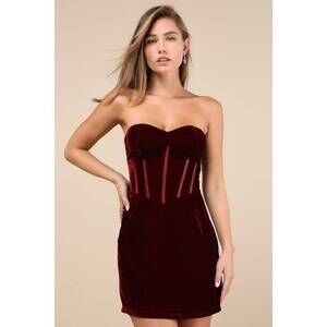 Lulus Poised Favorite Burgundy Velvet Bustier Strapless Mini Dress Red - Size S